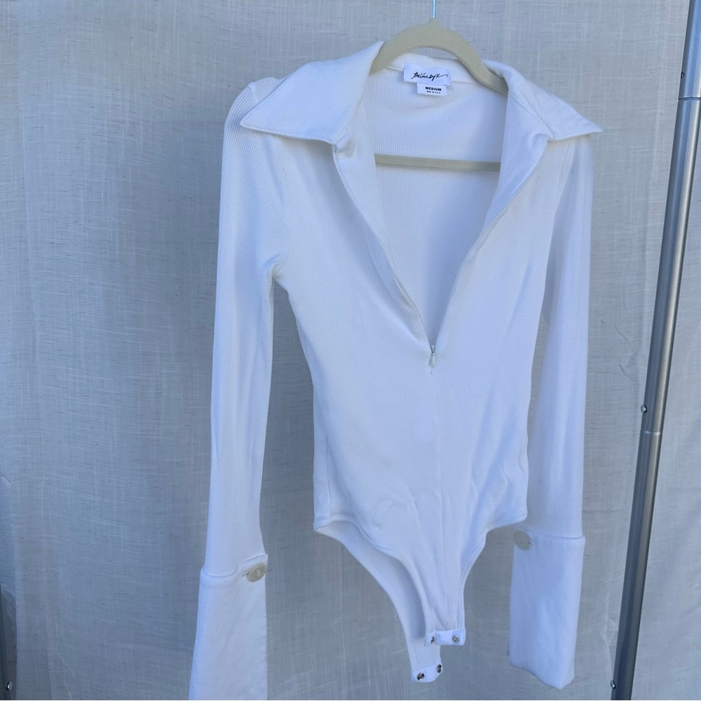 The Line by K White Kili Ribbed Long Sleeve Zip Front Collar Bodysuit Medium